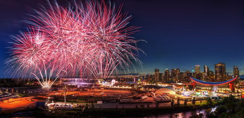 Fireworks Over City Skyline in Calgary, Alberta, Canada