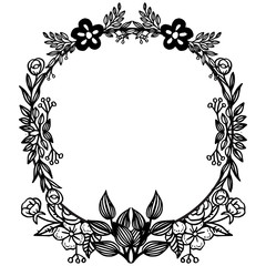 Black and white graphic frame for invitation card, cute flower and leaves. Vector