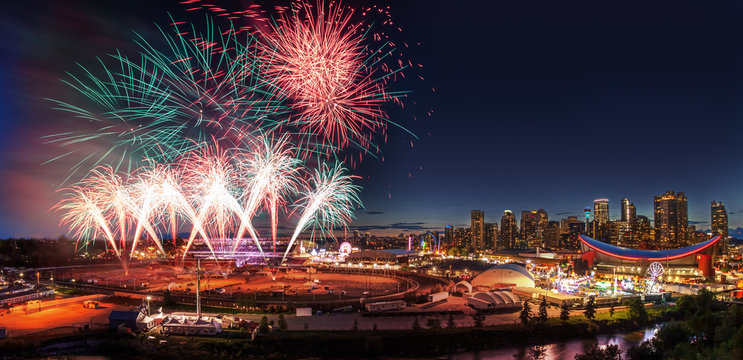 Fireworks Over City Skyline in Calgary, Alberta, Canada
