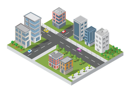 Isometric Building vector. They are  on Yard with road and trees.smart city and public park.building 3d,cars,capital , Vector office and metropolis concept.