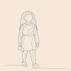 isolated, sketch with lines, child girl is walking