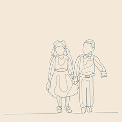 vector, isolated, sketch with lines, children, friendship, childhood