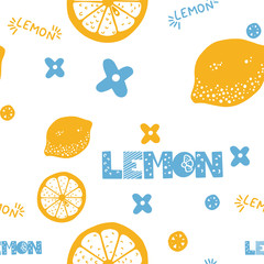 Fruits hand drawn seamless pattern. Lemons texture. Healthy and fresh citrus white background with green yellow elements. For wrapping paper, kitchen textile, wallpaper design and scrapbook.