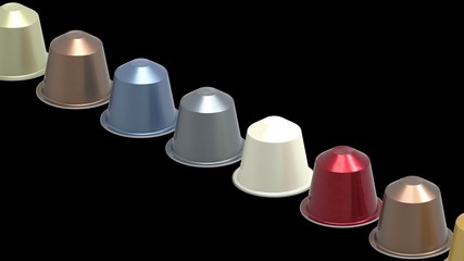 3d rendering of multiple colored coffee capsules different flavours