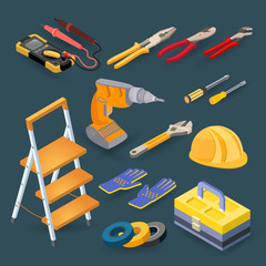 Isometric construction tools. Helmet, gloves, tester, tape insulating. Vector set.