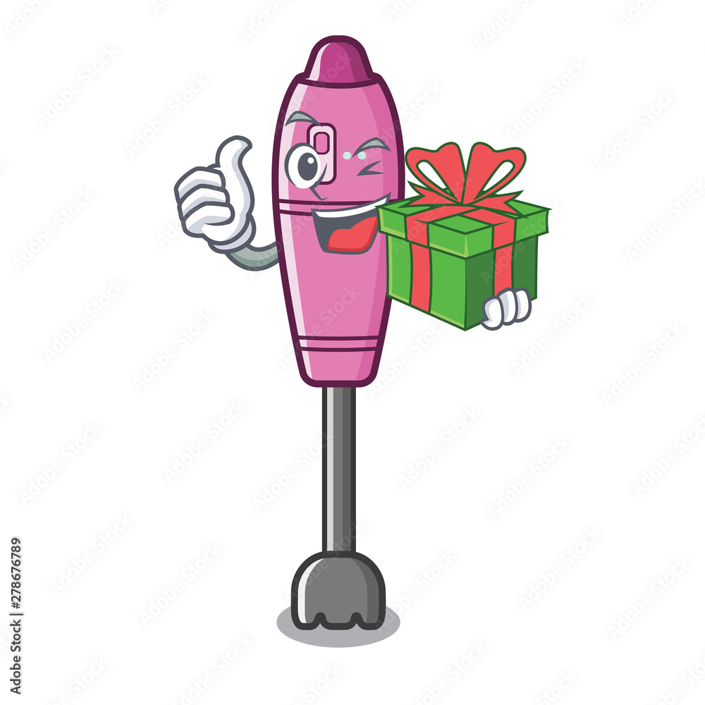 Sticker with gift immersion blender isolated in the cartoon