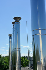 Stainless steel chimneys on the roof.