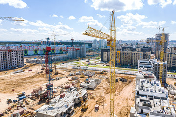 aerial panoramic view of construction site with modern multistory apartment buildings. drone...