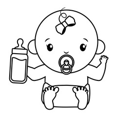 cute girl in diaper with milk bottle baby shower