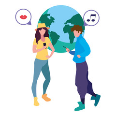 man and woman world using smartphone