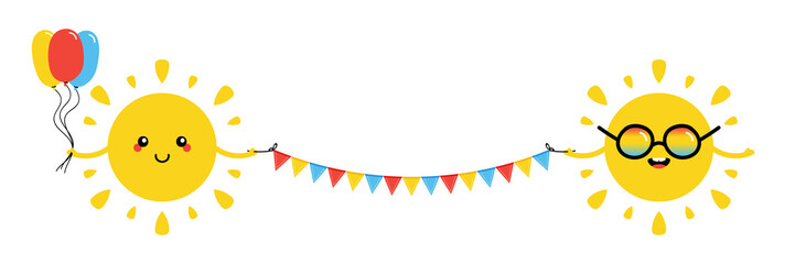 Vector illustration, horizontal banner, header with two cute cartoon style sun characters, happy and smiling, holding ribbon or garland and balloons for kids summer party design.