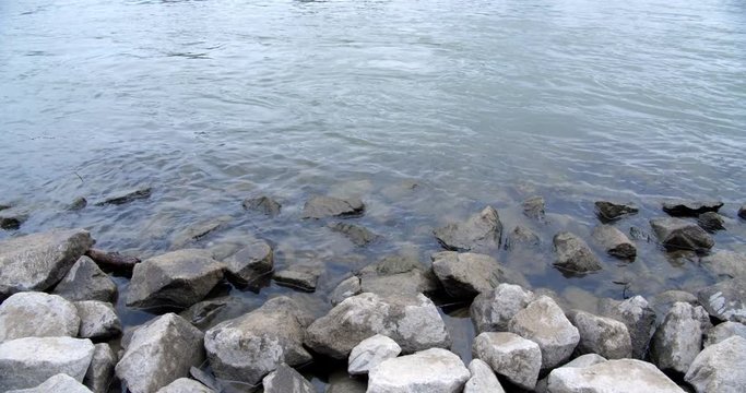 Rocky bank of the river rhine in cologne, germany