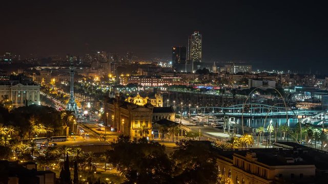 Barcelona - Time lapse. Panoramic view of Barcelona city from Montjuic at night.