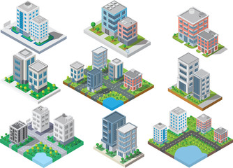 Set of Isometric Building vector.They are on Yard.The river with road and trees. building 3d , smart city, Vector office and town apartment concept.