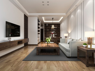 3d rendering modern dining room and living room with luxury decor