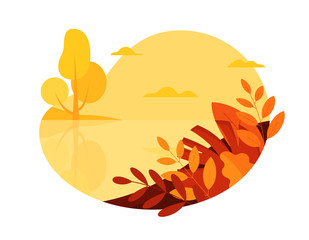 Autumn nature landscape card. Seasonal beautiful banner with autumn leaves. Social media banner, promo design template. Vector illustration in flat style.