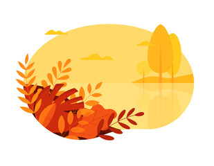 Autumn nature landscape banner template. Seasonal beautiful banner with autumn leaves. Social media banner, promo design template. Vector illustration in flat style.
