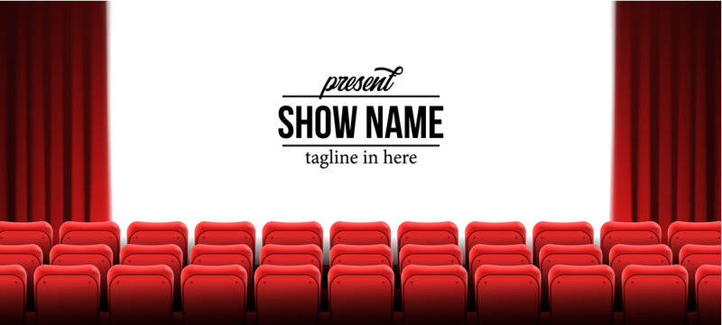 present show name template with red empty seats at cinema movie theater