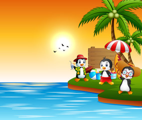 Obraz na płótnie Canvas Vacation penguins cartoon by the sea