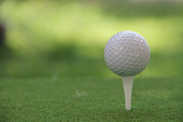 Golf ball on tee in beautiful golf course at sunset background.