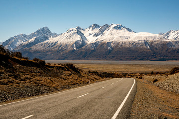 Majestic scenery of the Lakes and rivers of the South Island beneath the Southern Alps in New...