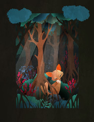 Cute red fox sitting in the forest fairytale illustration, greeting card or poster design