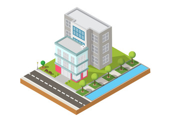 Isometric Building vector. Two building on Yard with road. building 3d , smart city, Vector office and town apartment concept.