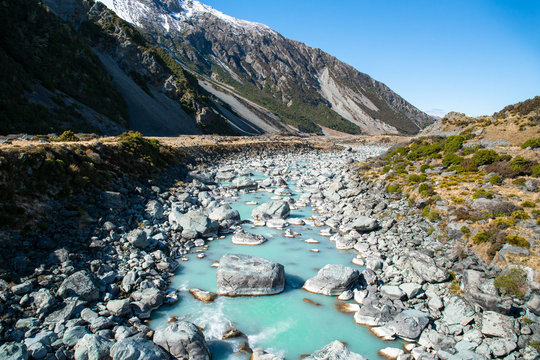 Majestic scenery of the Lakes and rivers of the South Island beneath the Southern Alps in New Zealand