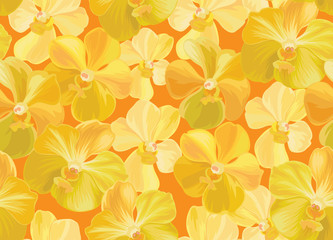Tropical seamless pattern with yellow orchid flowers background. Vector set of exotic tropical garden for holiday invitations, greeting card and fashion design.