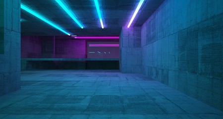 Abstract architectural concrete and white interior of a minimalist house with color gradient neon lighting. 3D illustration and rendering.