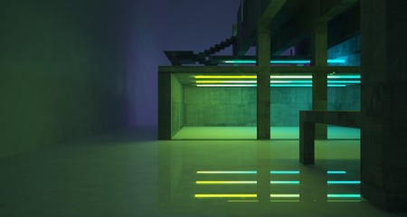 Abstract architectural concrete and white interior of a minimalist house with color gradient neon lighting. 3D illustration and rendering.