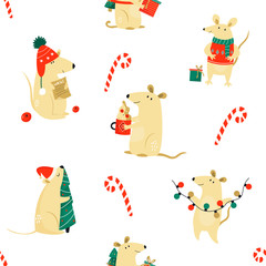 Christmas seamless pattern with funny mice