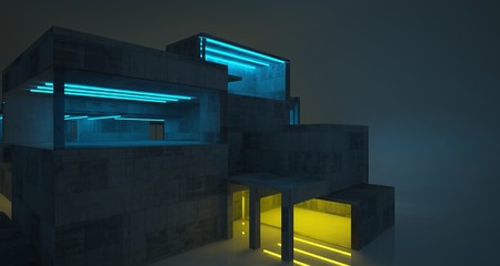 Abstract architectural concrete and white interior of a minimalist house with color gradient neon lighting. 3D illustration and rendering.