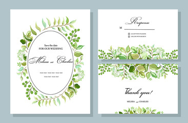 Vector set of cards for wedding invitations. Green plants: leaves green branches field grass. Template for greeting card, decorative pattern frame. All elements are isolated. Vector illustration.