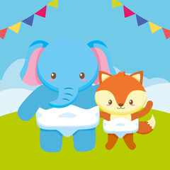 cute little elephant with fox babies characters