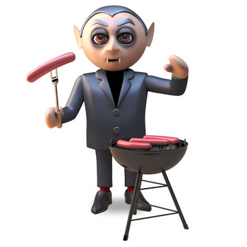 3d cartoon of a hungry Hallowee vampire dracula cooking on a barbecue bbq, 3d illustration