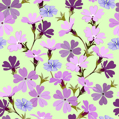 Fototapeta premium Vector seamless pattern with finely toothed primula, violet-violet purple on yellow background for fabric design