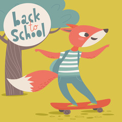 Welcome back to school poster with cartoon animals. Fox with skate