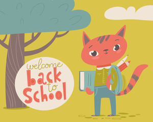 Welcome back to school poster with cartoon animals. Baby cat with a book
