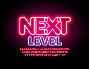 Vector neon banner Next Level with illuminated Alphabet Letters, Numbers and Symbols. Glowing bright Font