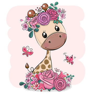 Cartoon Giraffe with flowers on a white background