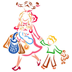 Mom carries daughter on her shoulders, baby and bags in her arms and leads her son by the hand