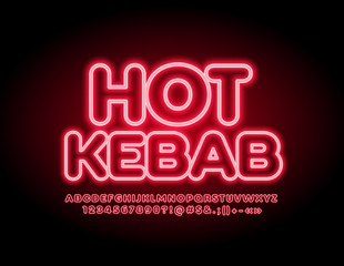 Fototapeta premium Vector glowing emblem Hot Kebab with red Uppercase Font. Neon illuminated Alphabet Letters, Numbers and Symbols