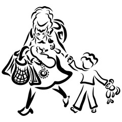 mother with two children, bags and a large backpack