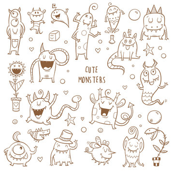 Vector monsters set. Cute cartoon fantastic animals. Doodle style. Contour image no fill.