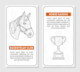 Horse Sport Cards Templates with Place for Text, Horse School, Riding Lessons, Equestrian Club, Monochrome Hand Drawn Banners, Vector Illustration