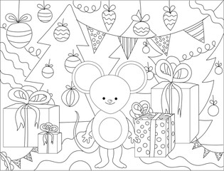 Hand drawing coloring for kids and adults.Set of Christmas hand-drawn decorative elements in vector. Fancy Christmas trees, balls, stars. Pattern for coloring book. Black and white pattern. Sketch by 