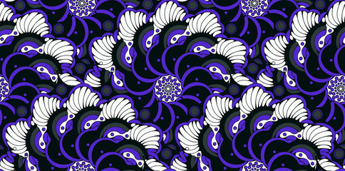 asian style floral seamless pattern scales flowers dark purple