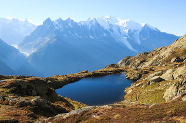 Fototapeta na wymiar Lac des Cheserys on the famous Tour du Mont Blanc near Chamonix, France.