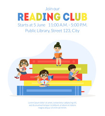 Reading Club Banner Template, Cute Little Boys and Girls Sitting and Reading on Giant Stack of Books Vector Illustration